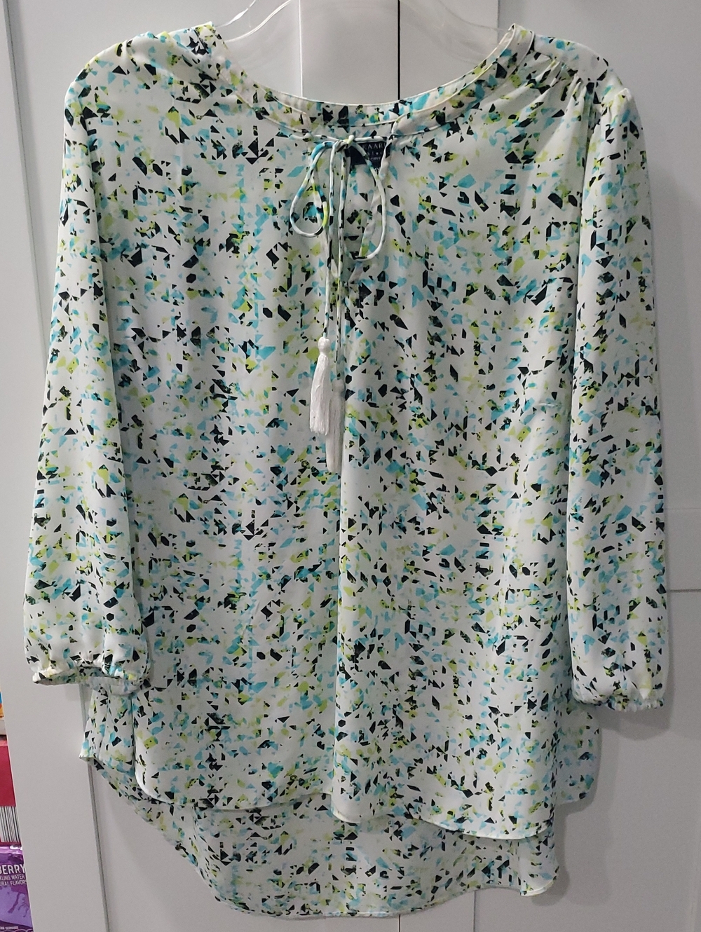 Lightweight Printed Peasant Blouse - White with Teal & Lime